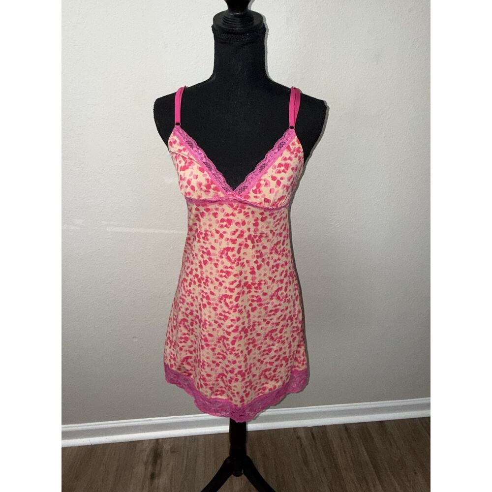 Vintage Rampage Pink Animal Print Satin Slip Chemise Small Lingerie Nightie Y2K